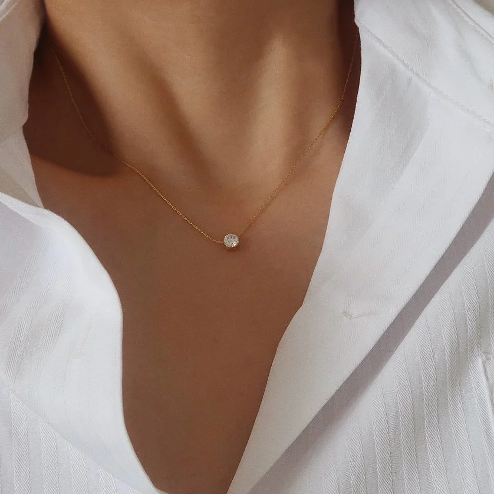 NEW Solitaire Diamond 18K Gold Plated Necklace
